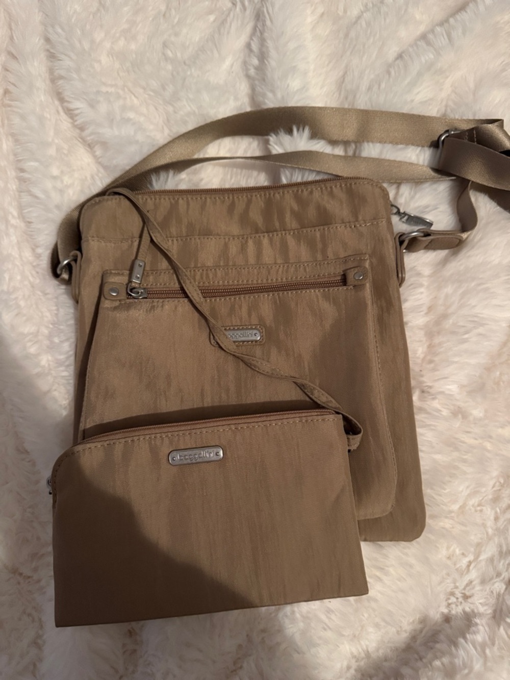 Baggallini Taupe Crossbody Messenger with Matching Pouch